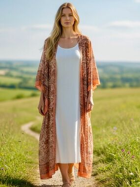 Free People OS Pink and Peach Paisley Bandana Print Long Kimono Boho